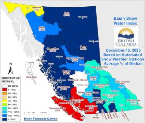 The latest Snow Water Index Map from the provincial government shows the Boundary Region is now sitting at 149 per cent above average for this year, with much of the province also showing increases to other region&rsquo;s snowpacks. Photo/BC Government website