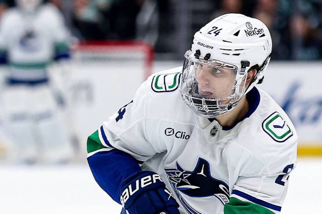 Vancouver Canucks defenceman Zeev Buium looks up ice during NHL action Saturday, Feb. 28, 2026 against the Seattle Kraken at Climate Pledge Arena in Seattle. (https://x.com/Canucks)
